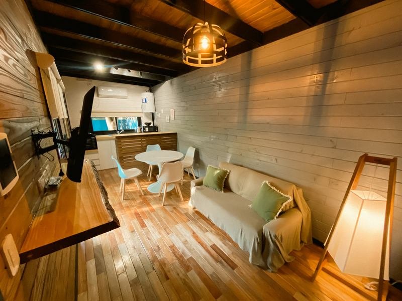 Living con revestimiento de madera, sofá y cocina integrada